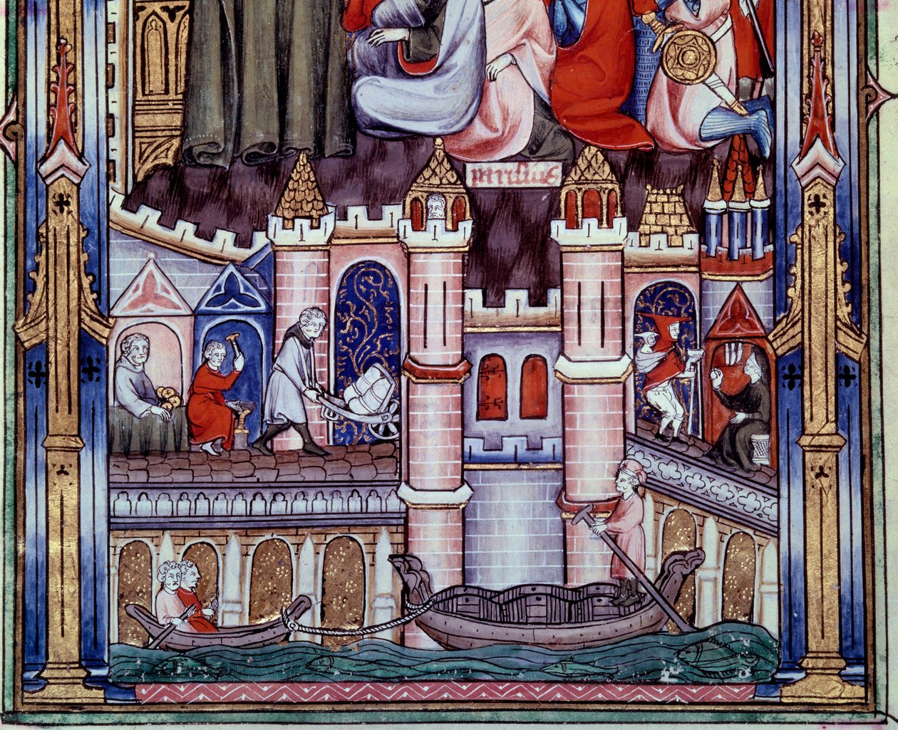 Scener av bygg- och navigeringsarbete i Paris under medeltiden. Miniatyr från manuskriptet "" Life of Saint Denis"" av Yves, munk av Saint-Denis av Unknown artist