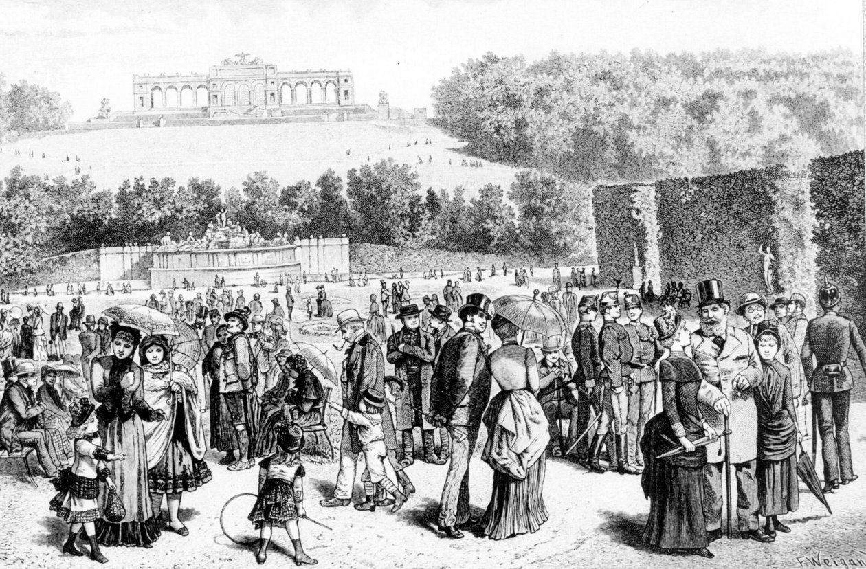 Schonbrunn Park, ett komplex av palats och trädgårdar som ligger inte långt från Wien, var sommarresidens för familjen Habsburg sedan 1700-talet. Litografi från 1800-talet. av Unknown artist