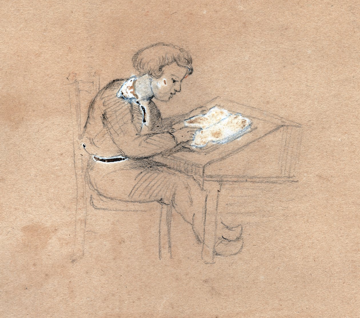 Skolpojke på jobbet. (teckning, cirka 1830) av Unknown artist
