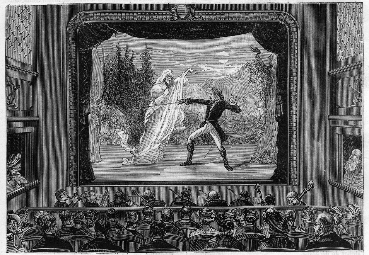 Vetenskapliga visar: levande spektra. Upplev spektra på teaterscenen. En komiker slåss mot ett spöke. Gravyr i "" La Nature"" av Unknown artist