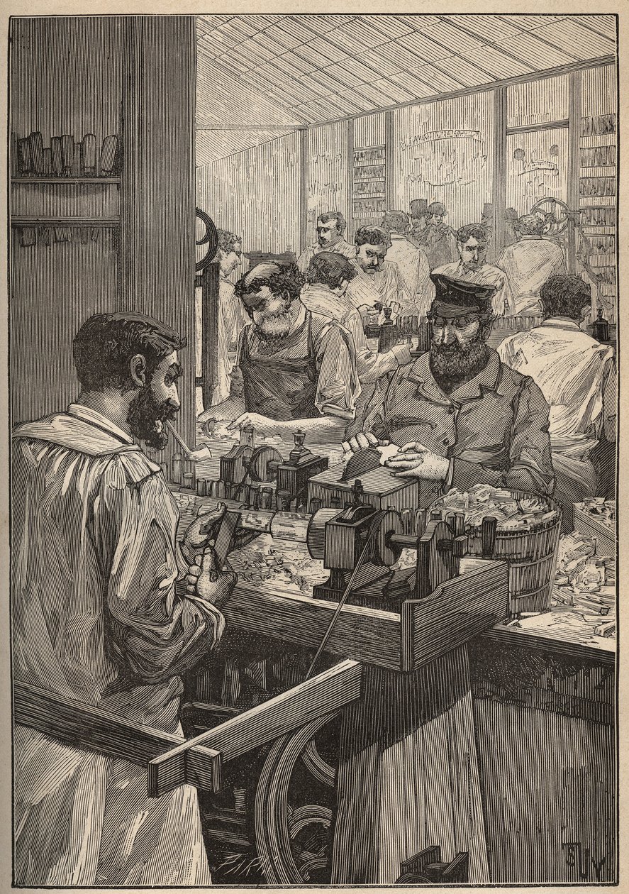 Sea Sequim: tillverkning av havssequimpipor. Gravyr från 1885 i "" Les arts et metiers illustres"" av Adolphe BITARD. av Unknown artist