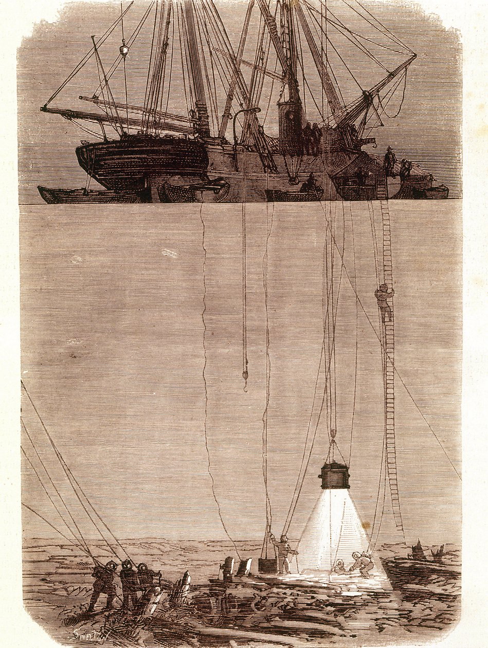 Sök efter spanska galjoner skeppsbrutna i Vigo Bay 1702. Sidan hämtad från "" Emporio Picturesco"" 1871 av Unknown artist