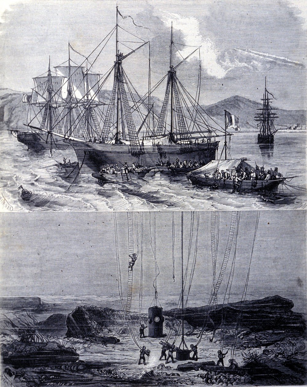 Sök efter spanska galjoners skeppsvrak i Vigo Bay 1702. 1800-talet av Unknown artist