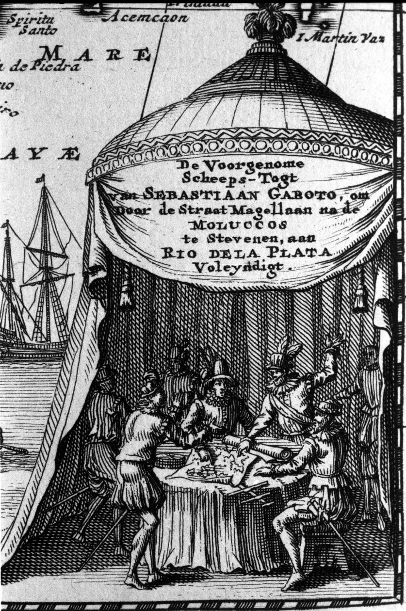 Sebastiano Caboto (Sebastien Cabot) representerar på patronen av en navigeringskarta med andra navigatörer. Början av 1600-talet. av Unknown artist