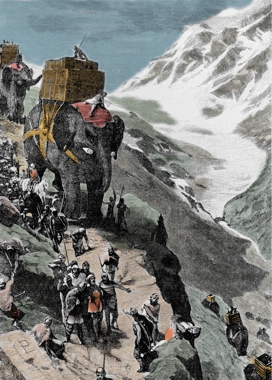 Andra puniska kriget. Hannibal Barcas armé som korsar Alperna, 218 f.Kr. Italiensk gravyr från 1800-talet. av Unknown artist