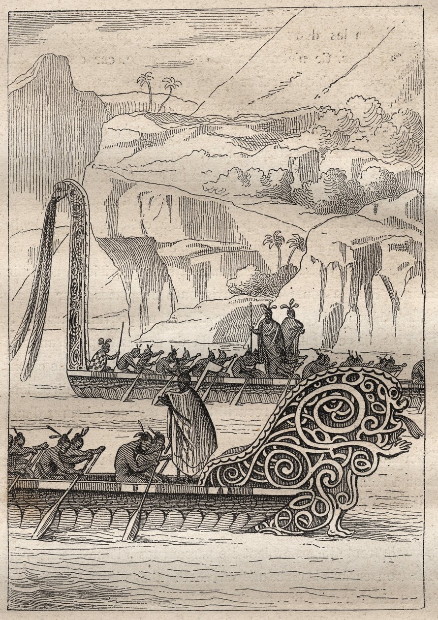 Andra resan (1772-1775) av kapten James Cook (1728-1779): Neo-Zelandans krigskanoter (Neo Zelandaises) - illustration hämtad från "" The Great Mariners of the 18th century"" av Unknown artist