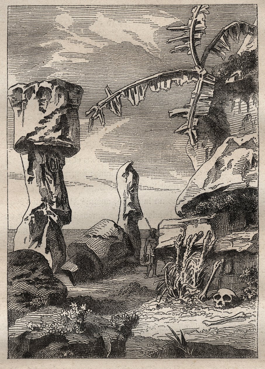 Andra resan (1772-1775) av kapten James Cook (1728-1779): monument på Påskön (monumentalstatyer, moai) - illustration hämtad från "" The Great Mariners of the 18th century"" av Unknown artist