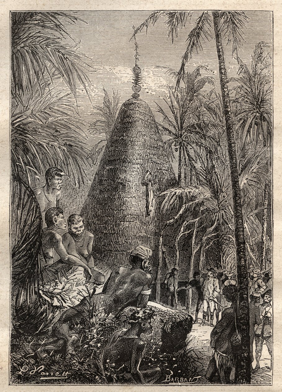 Andra resan (1772-1775) av kapten James Cook (1728-1779): traditionellt cirkulärt hus, på taket av en betydande höjd (Nya Kaledonien) - illustration hämtad från "The Great Mariners of the 18th century"" av Unknown artist
