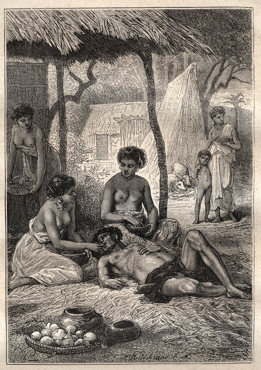 Andra resan (1772-1775) av kapten James Cook (1728-1779): en ö som tillbringade sin dag med att slukas av sina fruar (Tahiti) - illustration hämtad från "The Great Mariners of the 18th century" av Unknown artist