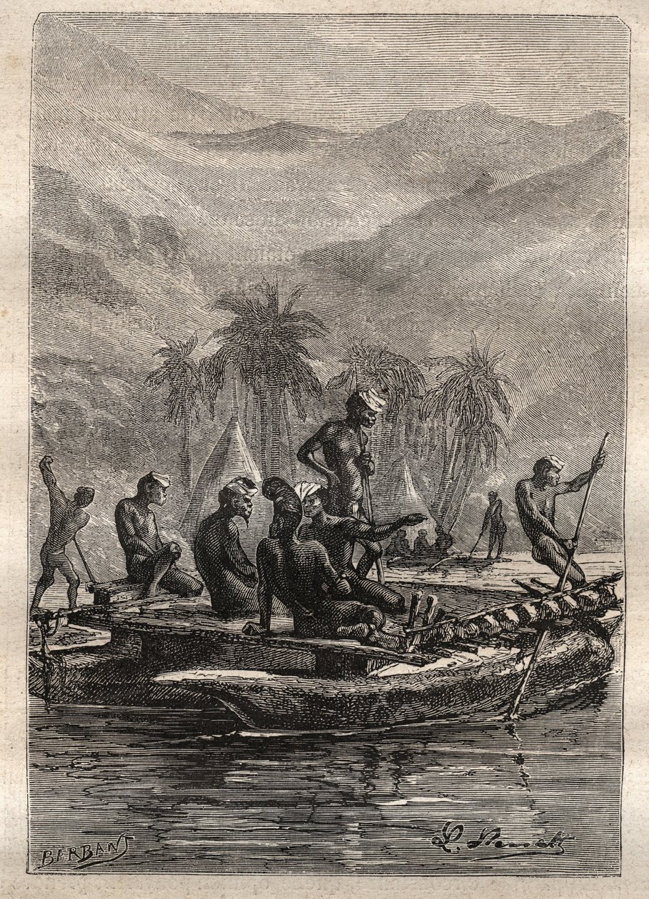Andra resan (1772-1775) av kapten James Cook (1728-1779): de infödda hade tillräckligt med självförtroende för att närma sig och utbyta (Nya Kaledonien) - illustration hämtad från "The Great Mariners of the 18th century" av Unknown artist