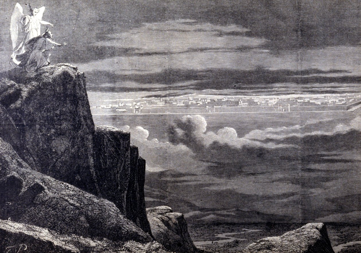 Sett av himmelska Jerusalem; bild av det jordiska Jerusalem efter den sista domen, det stiger ner från himlen för att bosätta sig på jorden. Gravyr av 1800-talet. av Unknown artist