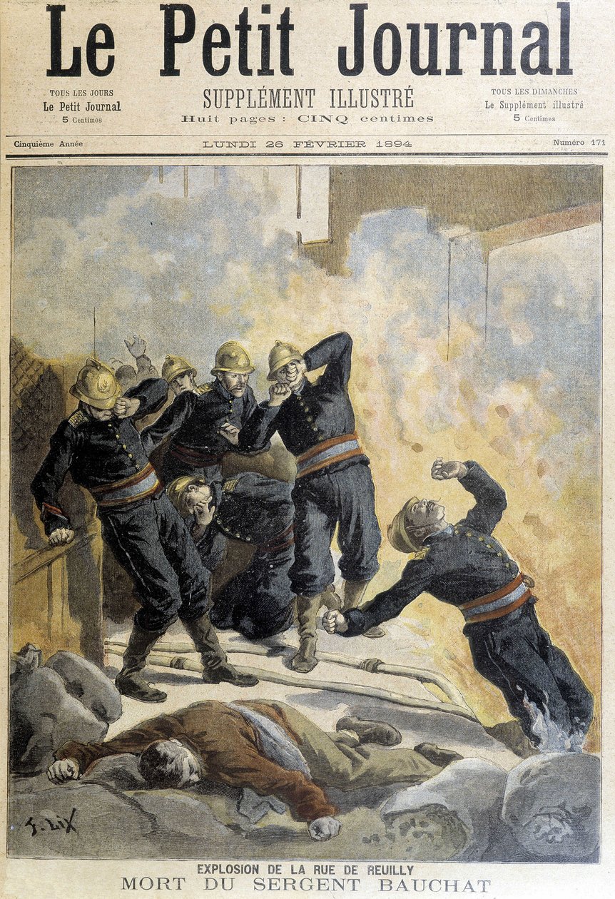 Sergeant Bauchat dog under brandmän efter explosionen av rue de Reuilly. Illustration av "Little Journal" från 1894. av Unknown artist