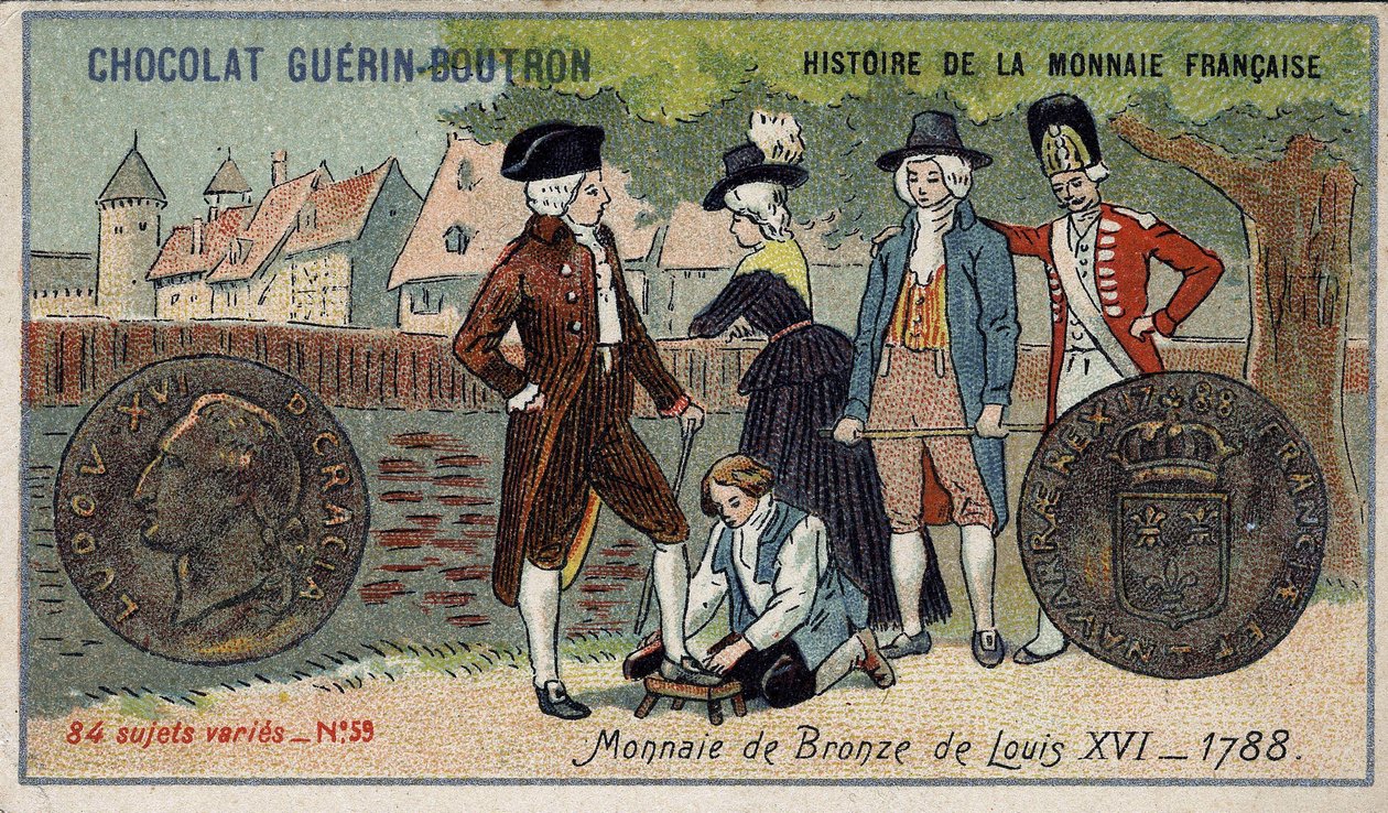 Serien History of the French Currency publicerad av Chocolat Guérin Boutron. 1800-talets kromolitografi. Bronsmynt av Ludvig XVI 1788 av Unknown artist