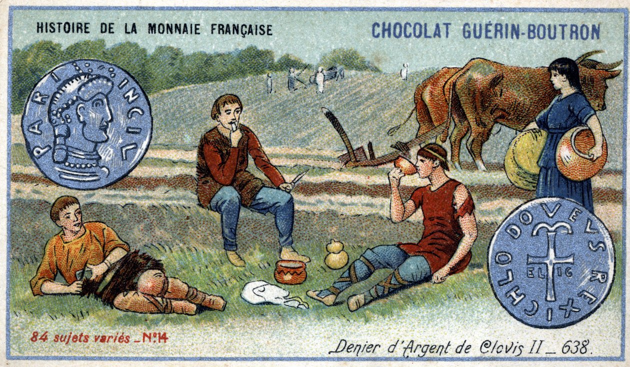 Serien History of the French Currency publicerad av Chocolat Guérin Boutron. 1800-talets kromolitografi. Silverförnekare av Clovis II 638 av Unknown artist