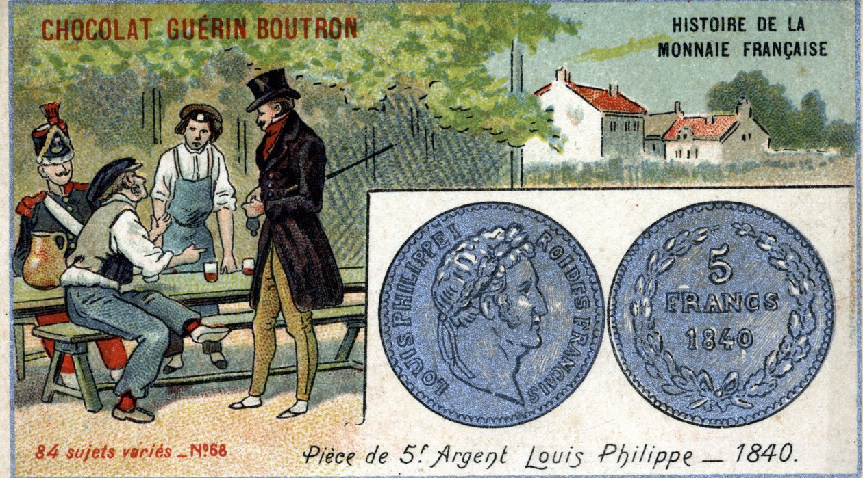 Serien History of the French Currency publicerad av Chocolat Guérin Boutron. 1800-talets kromolitografi. 5 francs silvermynt. Louis Philippe 1:a 1840 av Unknown artist