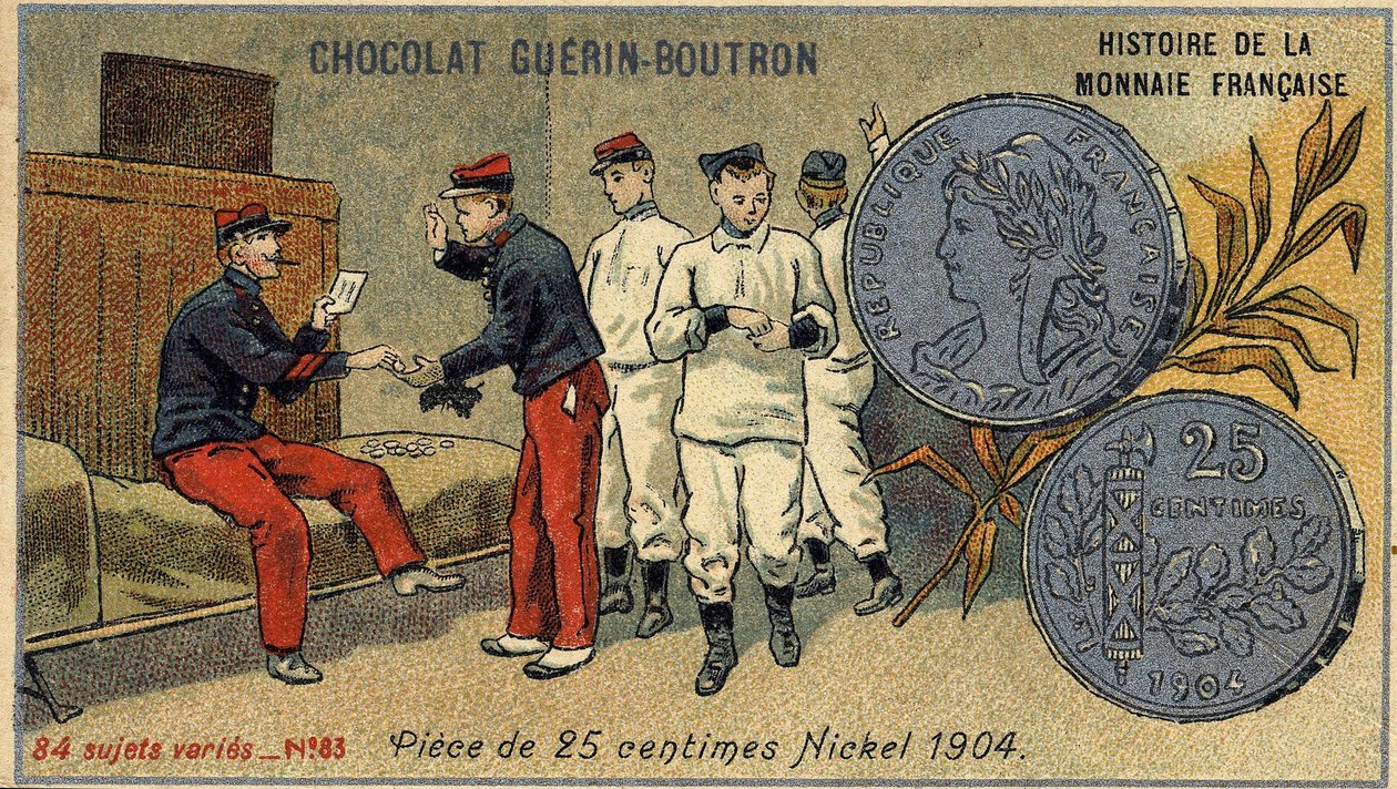 Serien History of the French Currency publicerad av Chocolat Guérin Boutron. 1800-talets kromolitografi. 25 cents mynt. Nickel 1904 av Unknown artist