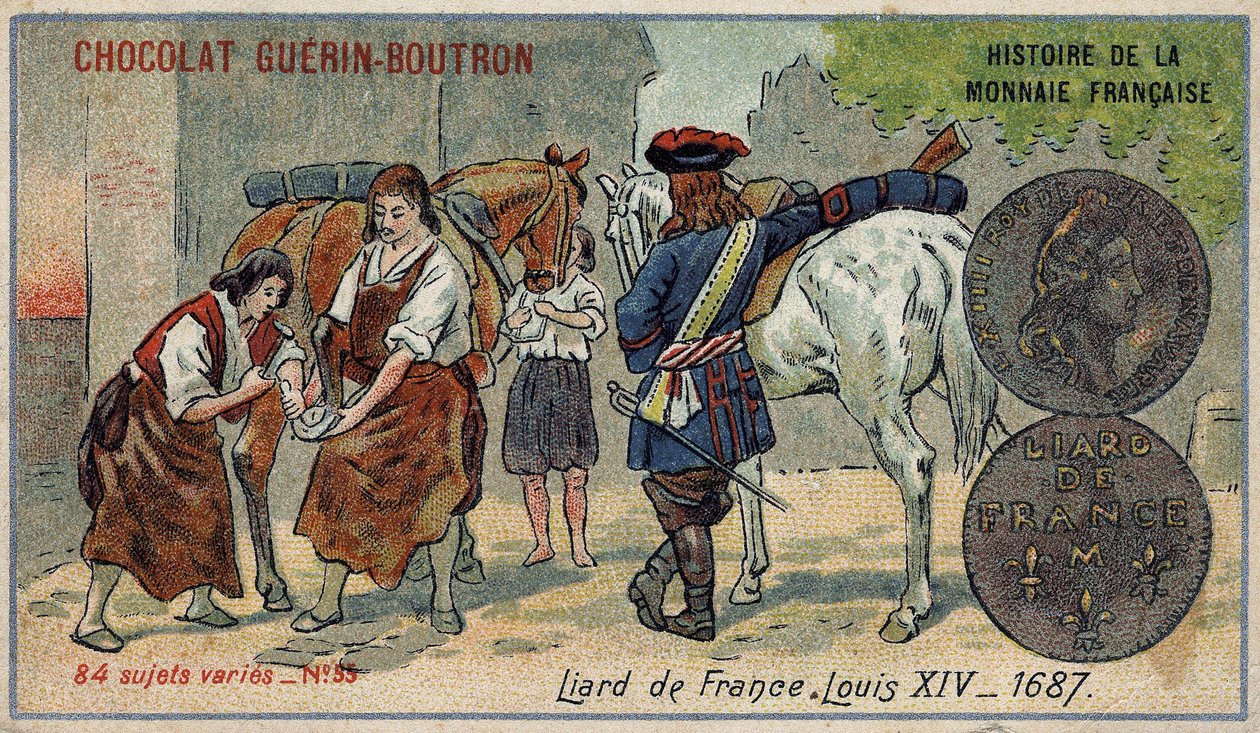 Serien History of the French Currency publicerad av Chocolat Guérin Boutron. 1800-talets kromolitografi. Liard från Frankrike. Ludvig XIV 1687 av Unknown artist