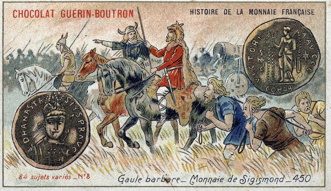 Serien History of the French Currency publicerad av Chocolat Guérin Boutron. 1800-talets kromolitografi. Barbarian Gallien. Sigismond valuta. av Unknown artist