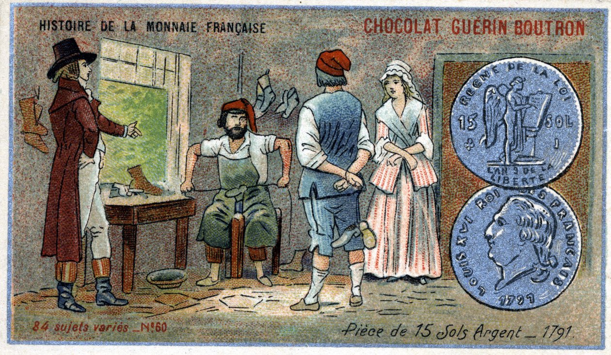 Serien History of the French Currency publicerad av Chocolat Guérin Boutron. 1800-talets kromolitografi. mynt av 15 silverjordar 1791 av Unknown artist