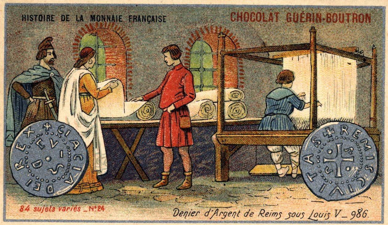 Serien History of the French Currency publicerad av Chocolat Guérin Boutron. 1800-talets kromolitografi. The Silver Denier of Reims under Louis V. 986 av Unknown artist