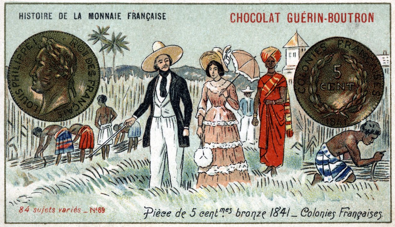 Serien History of the French Currency publicerad av Chocolat Guérin Boutron. 1800-talets kromolitografi. 5 cents bronsmynt 1841. Franska kolonier av Unknown artist