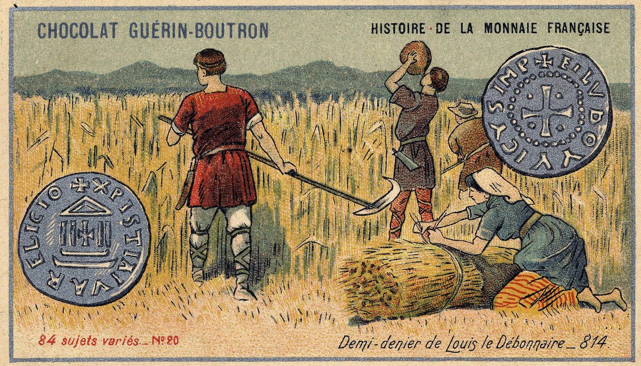 Serien History of the French Currency publicerad av Chocolat Guérin Boutron. 1800-talets kromolitografi. Halv förnekare av Ludvig den Debonnaire 814 av Unknown artist