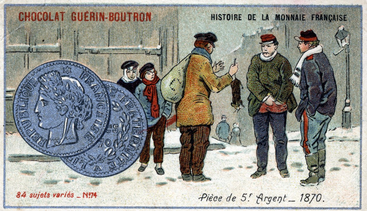 Serien History of the French Currency publicerad av Chocolat Guérin Boutron. 1800-talets kromolitografi. 5 francs silvermynt 1870 av Unknown artist