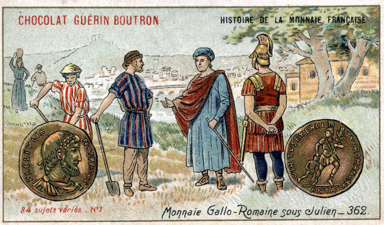 Serien History of the French Currency publicerad av Chocolat Guérin Boutron. 1800-talets kromolitografi. Gallo romerska mynt under Julien av Unknown artist
