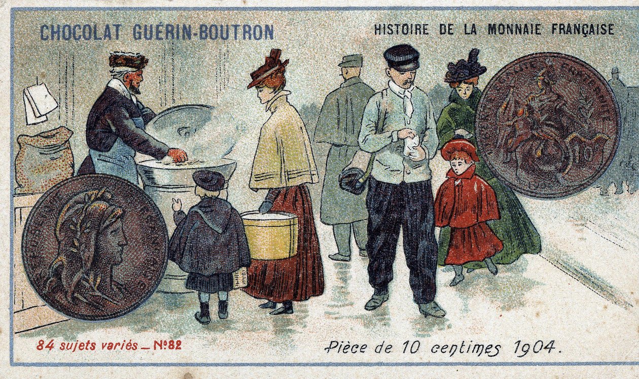 Serien History of the French Currency publicerad av Chocolat Guérin Boutron. 1800-talets kromolitografi. 10 cents mynt 1904 av Unknown artist