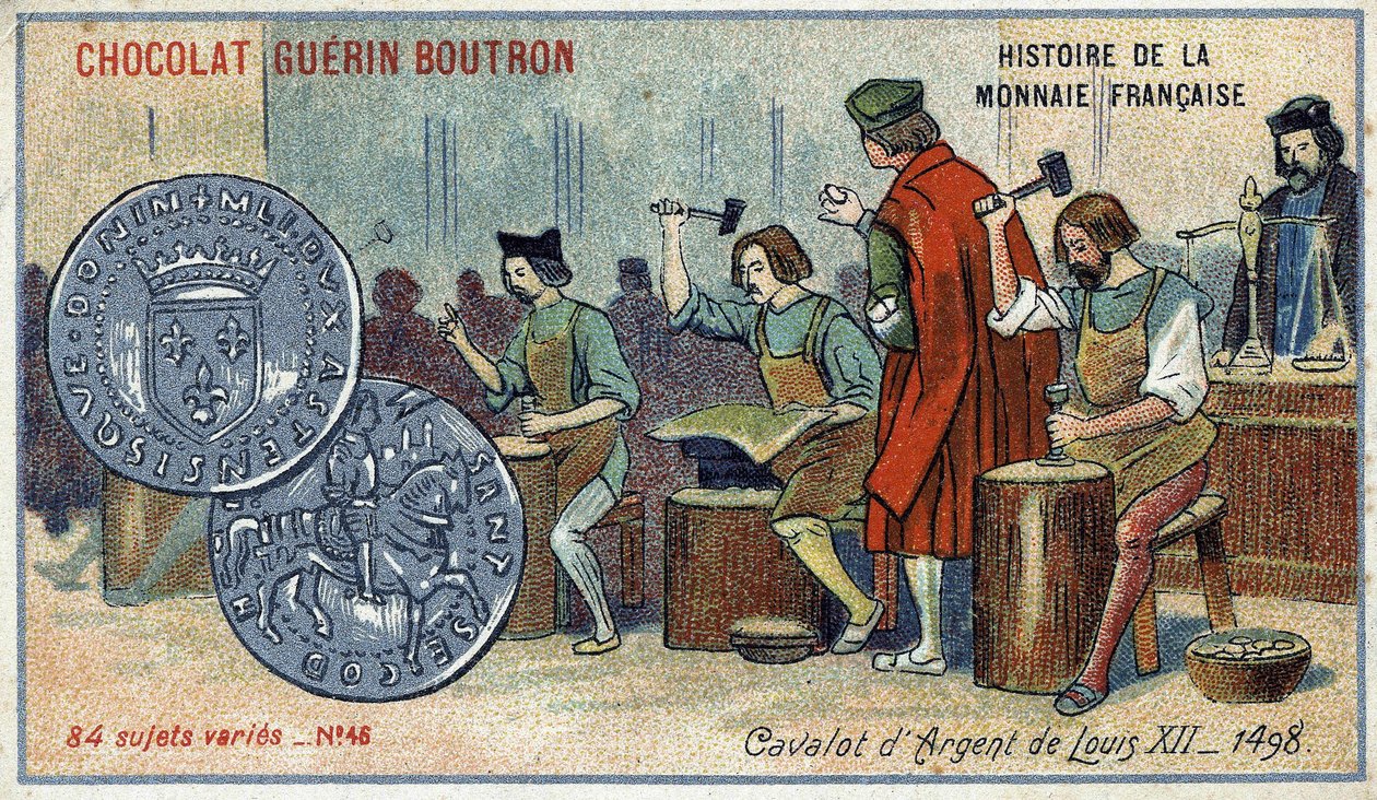 Serien History of the French Currency publicerad av Chocolat Guérin Boutron. 1800-talets kromolitografi. Louis XII:s Silverkavalot. 1498 av Unknown artist