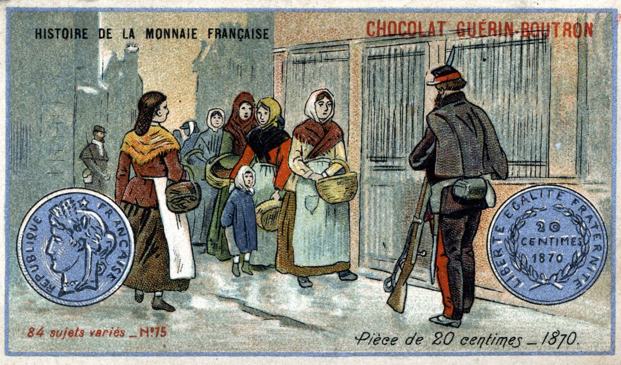 Serien History of the French Currency publicerad av Chocolat Guérin Boutron. 1800-talets kromolitografi. 20 centimes mynt 1870 av Unknown artist