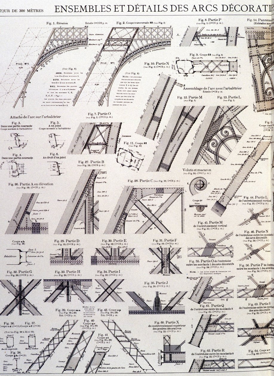 Uppsättningar och detaljer av Eiffeltornets dekorativa bågar - industriell design av Unknown artist