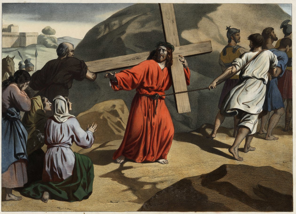 Hon klättrade till Golgata: Jesus som bar sitt kors tröstade Jerusalems döttrar. Anonym gravyr från mitten av 1800-talet. av Unknown artist