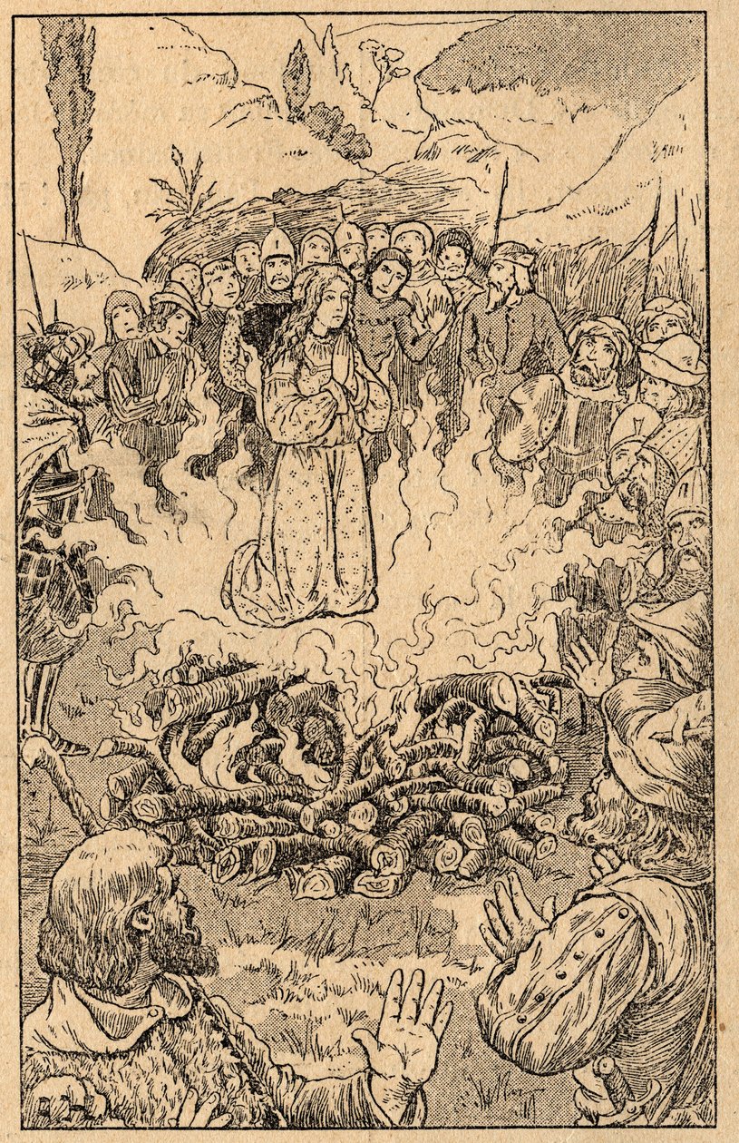 Hon stannar mitt i lågorna... Sankt Rose av Viterbo (Rosa da Viterbo) (1233-1252). Gravyr från slutet av 1800-talet. Privat samling. av Unknown artist