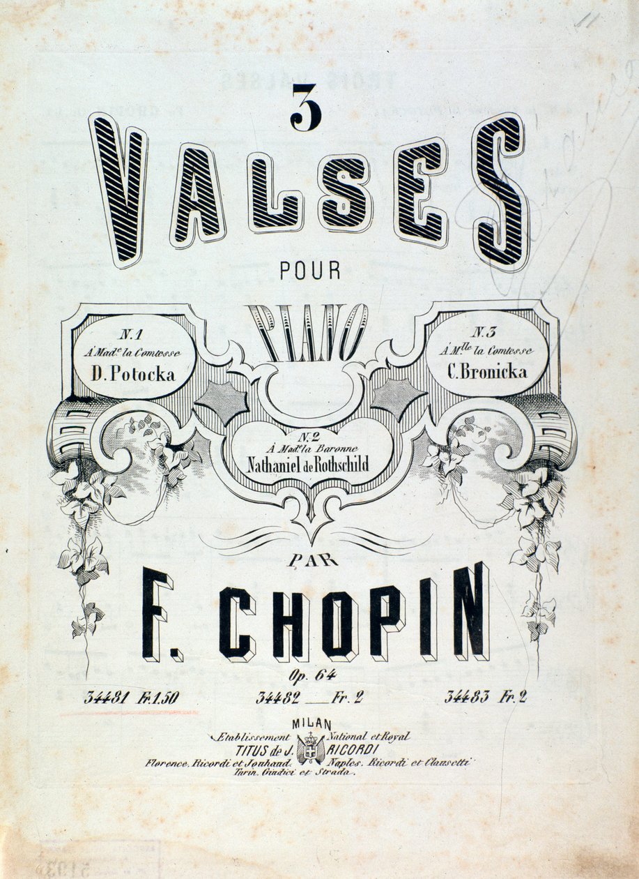 Noter för 3 valser för piano op. 64, av Frederic Chopin (frontispice) av Unknown artist