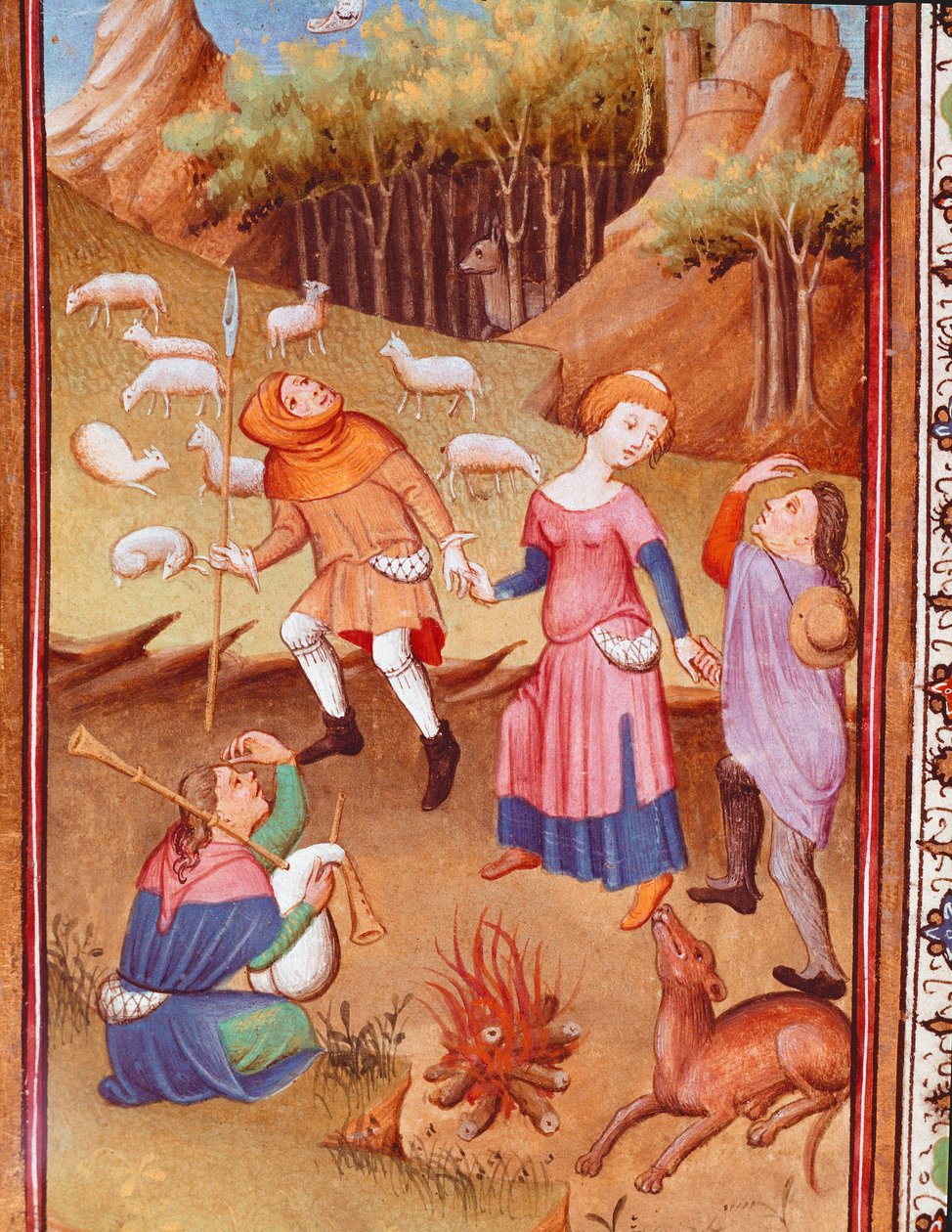 Herdar vilar nära en vedeld Miniatyr tagen från "The Hours of Edward I (Duarte) of Portugal (1391-1438)" 1400-talets Lissabon, Torre do Tombo av Unknown artist