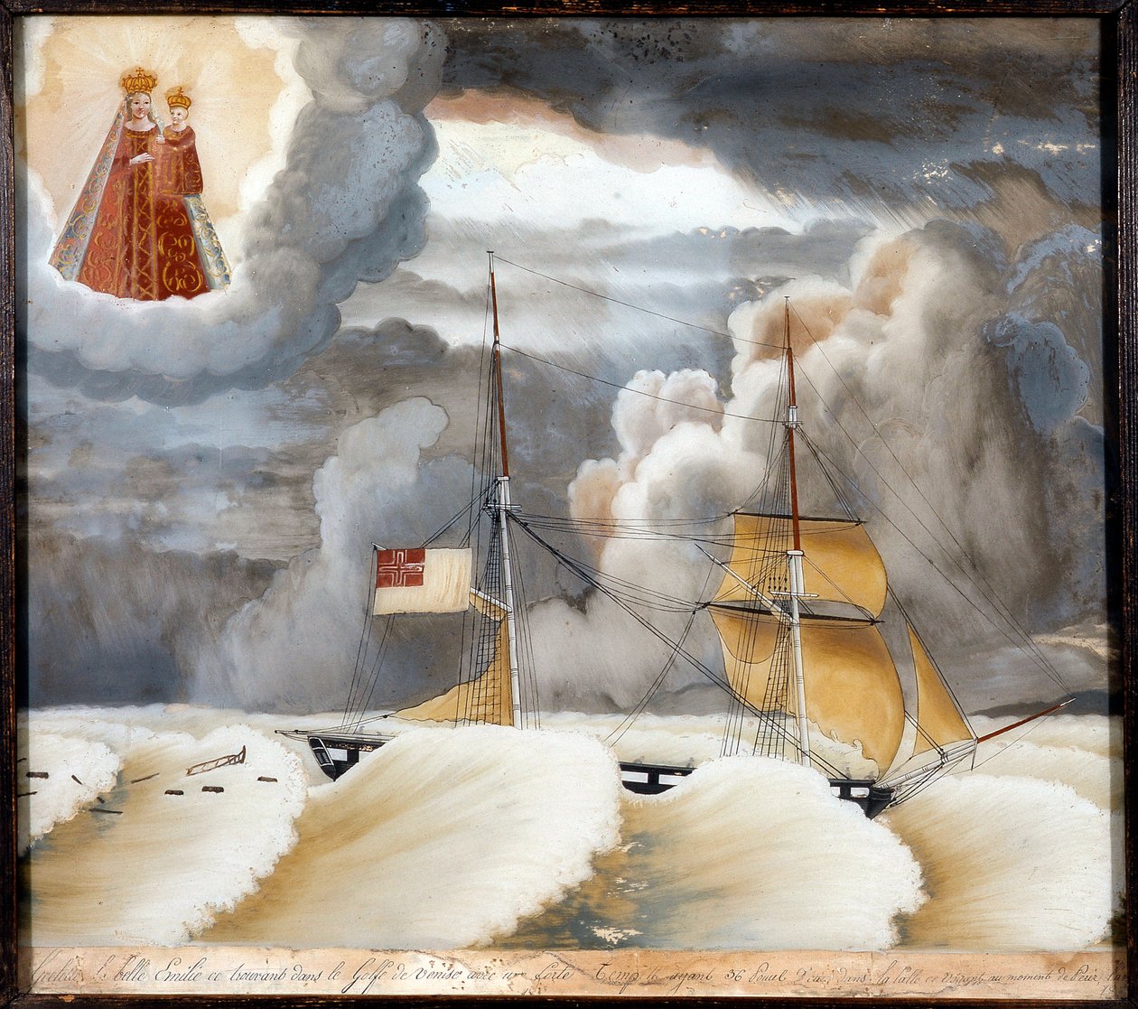 Skeppet "" La belle Emilie"" i svårighetsgrad - målning på trä, ex voto av Notre Dame de Laghet, 44x37 cm av Unknown artist