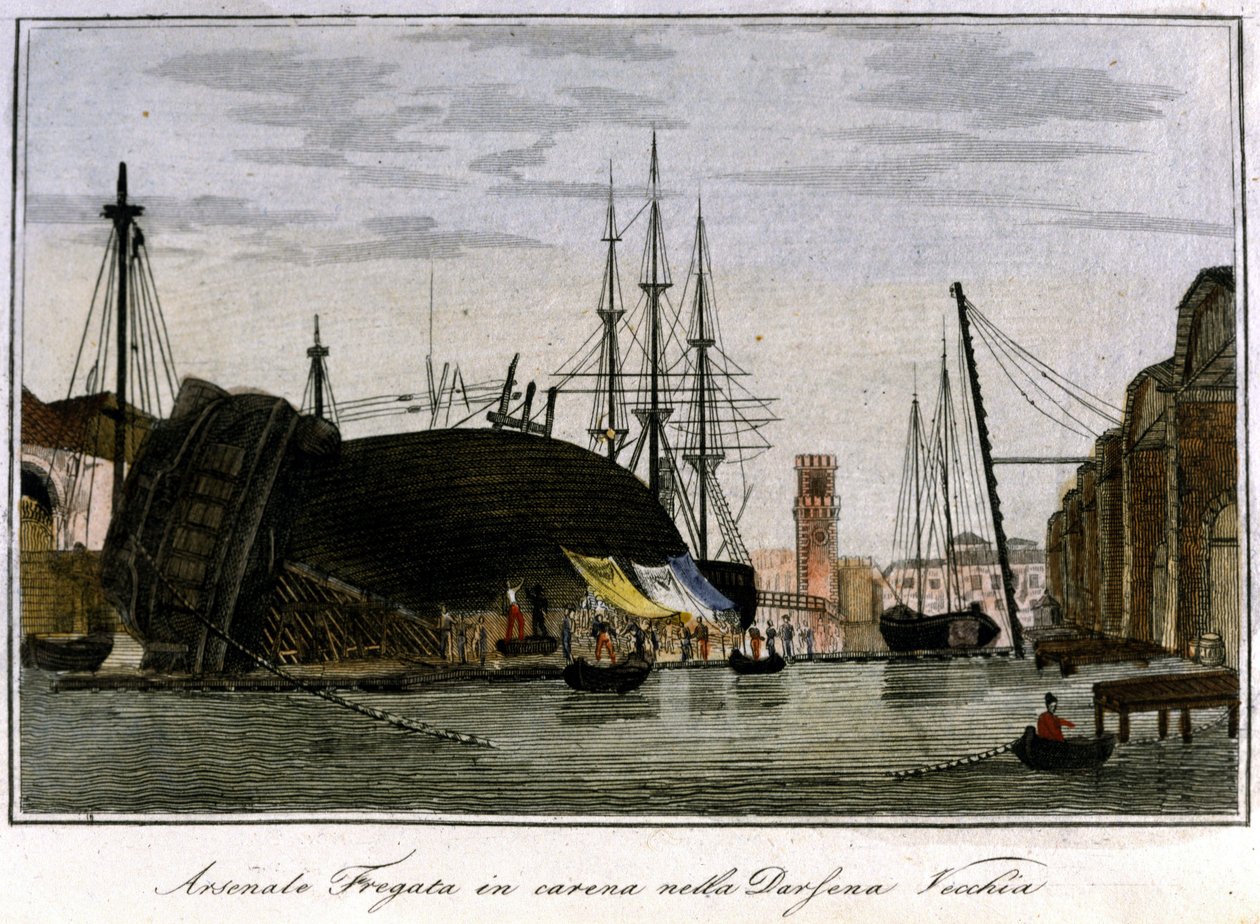 Fartyg sköts ner i skrovet. Venetiansk fregatt vars skrov repareras i arsenalen. Gravyr av 1800-talet. av Unknown artist