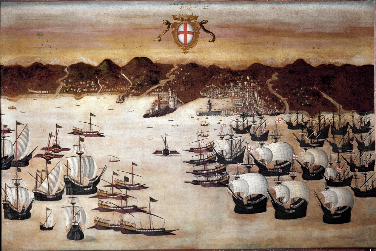 Skepp i hamnen i Genes (1500-talsmålning) av Unknown artist