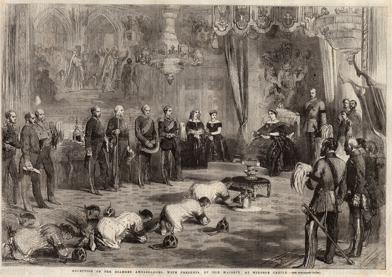 Siams ambassadörer kröp till drottning Victoria Iere (1819-1901) och prins Albert (1819-1861) under deras besök i Windsor Castle. Gravyr i "" The illustrated London News "" av den 5 december 1857. av Unknown artist