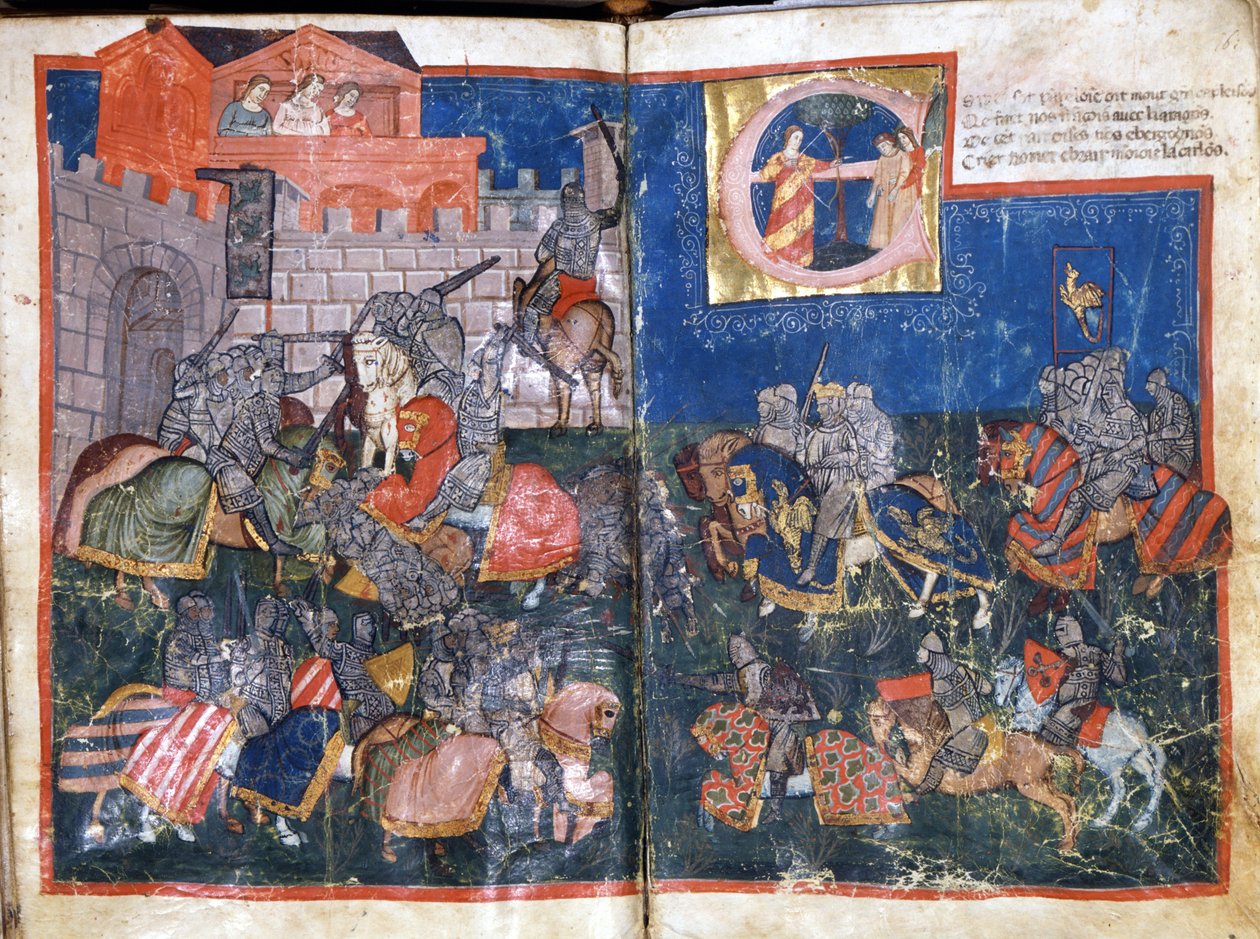 Siege of Pamplona in Spain av Charlemagne Miniature från "Entree of Spain"". 1300-talets Venedig, Biblioteca Marciana. av Unknown artist