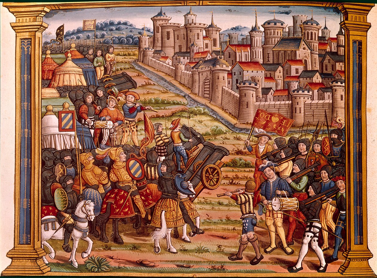 Belägring av en stad med bomber: Ludvig XI mot Liegeois. Miniatyren hämtar från manuskriptet "" Les epitaphes des feux kings Ludvig XI:e av detta namn och från Karl, hans son VIII med detta namn, som guden borta"" av Unknown artist