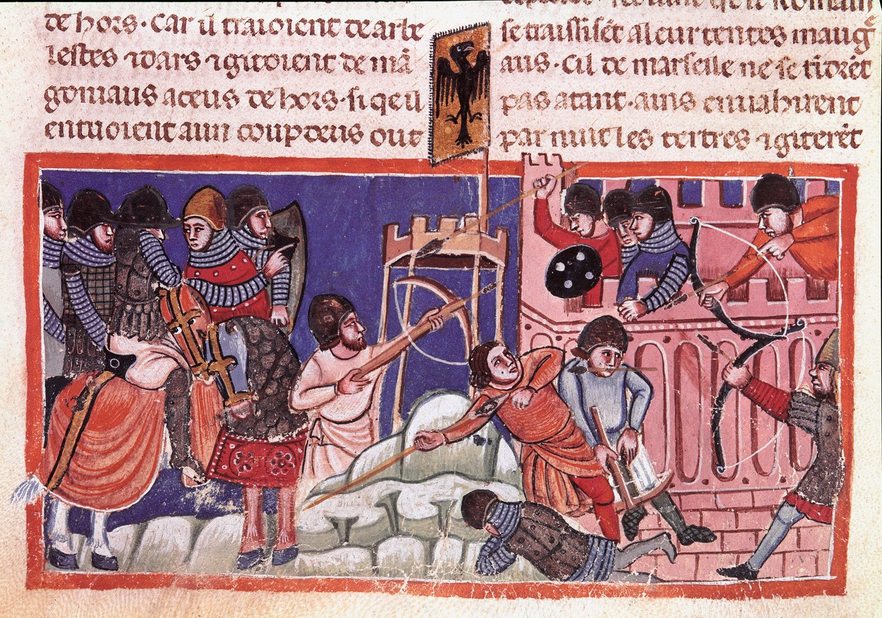 Belägring av en befäst stad. Miniatyr från en kodex om Jules Cesars fakta (101 f.Kr.-44 f.Kr.) 1300-talets Venedig, Biblioteca marciana av Unknown artist