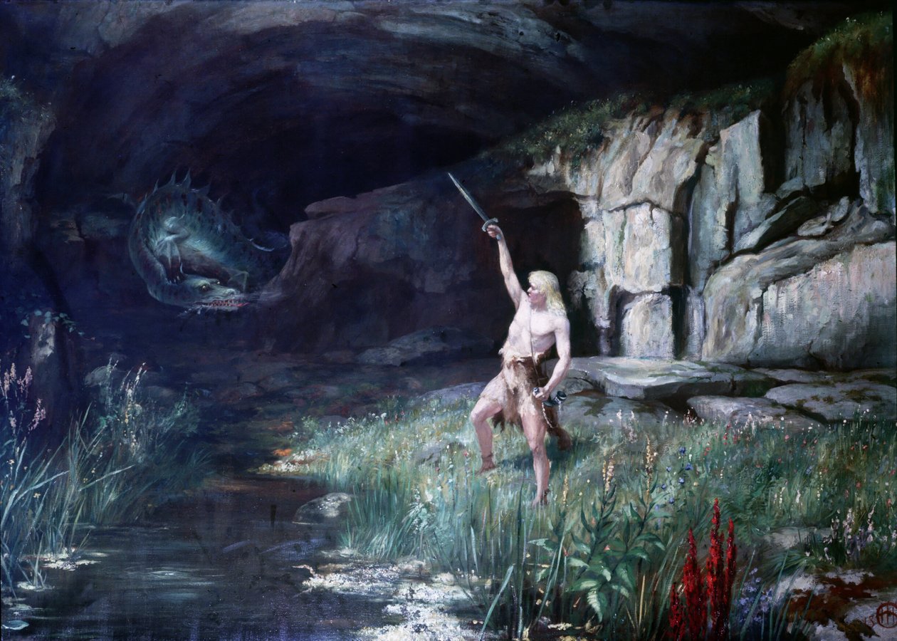 Siegfried, vänd mot draken Fafner, viftade med sitt svärd. Operascen "" Ring of the Nibelungen"" av Richard Wagner (1813 - 1883). Målning. av Unknown artist