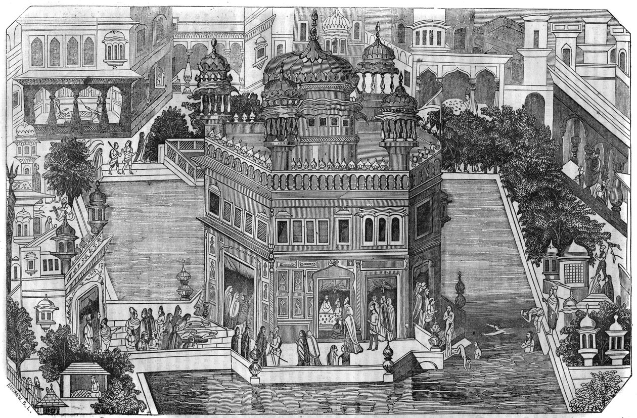 Sikhism: utsikt över det gyllene templet (Harmandir Sahib), Sikh-religionens kulturella centrum, bassängen och staden Amritsar i delstaten Indiska Panjab (Kungariket Lahore). I "" Den pittoreska butiken"" 1836 av Unknown artist
