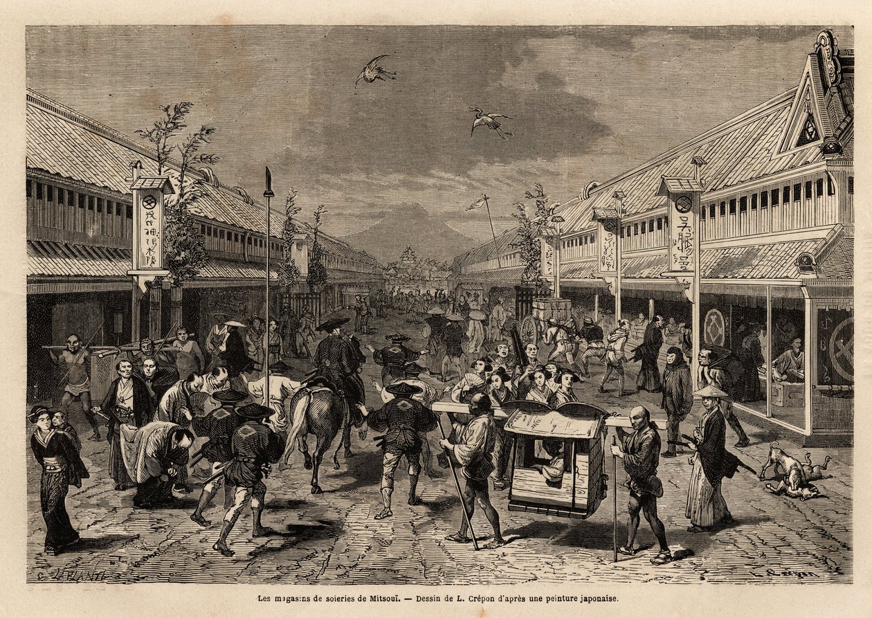 Sidenbutiker i Mitsoui, Yedo (eller Edo, dagens Tokyo), livliga, och i bakgrunden silhuetten av berget Fuji. Gravyr för att illustrera resan till Japan, 1863-1864, av Aime Humbert, minister för Schweiziska edsförbundet, i "Le tour du monde, nou av Unknown artist