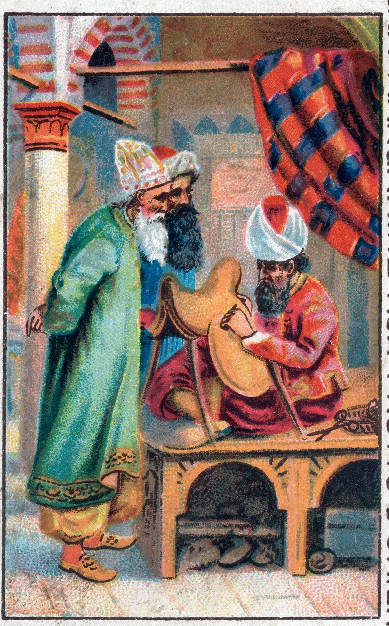 Sindbad gör en sadel. Sinbads (Sindbad) sjömannens underbara äventyr. Populär berättelse om 1001 nätter (tusen och en natt). Kromolitografi från slutet av 1800-talet. av Unknown artist