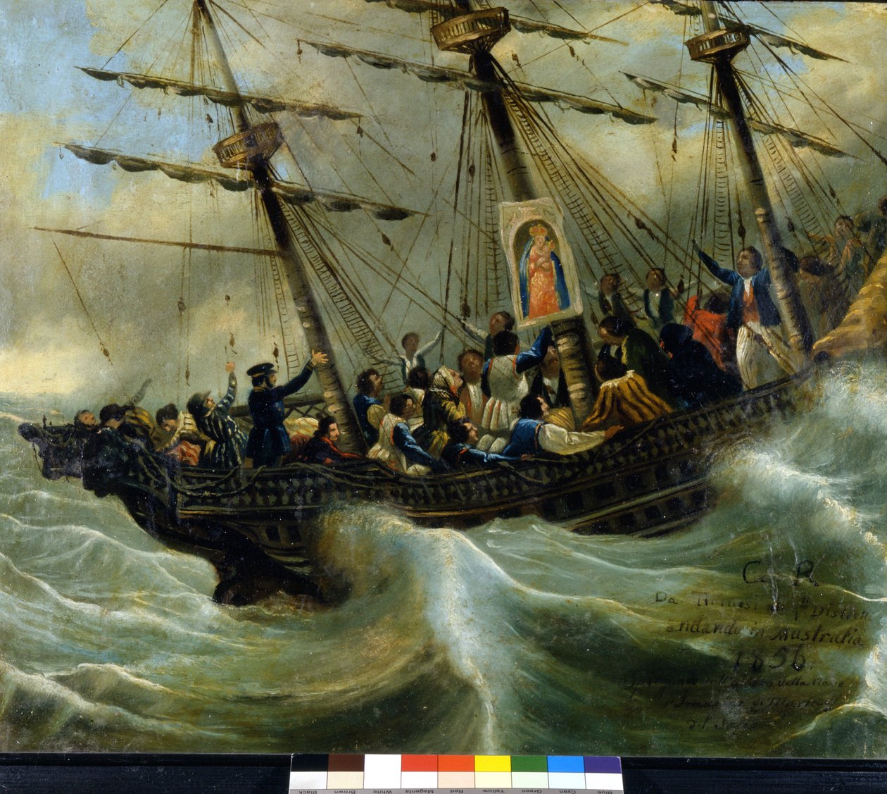 Förlisning av ett schweiziskt emigrantfartyg. Ex voto från 1856 från helgedomen Madonna del Sasso i Locarno. Målning tillskriven Giovanni Antonio Vanoni. av Unknown artist