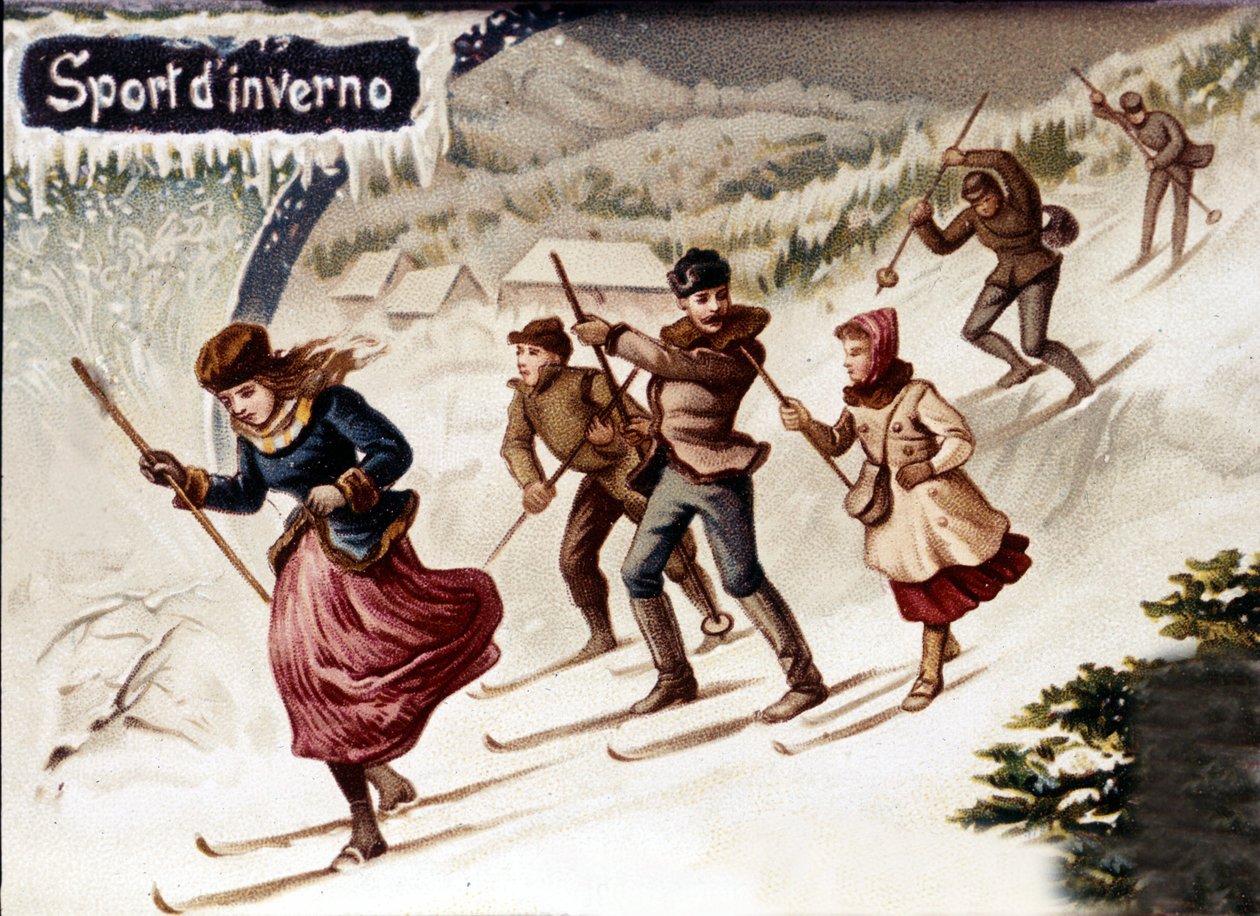 Skidåkare. Chromo., sent 1800-tal av Unknown artist