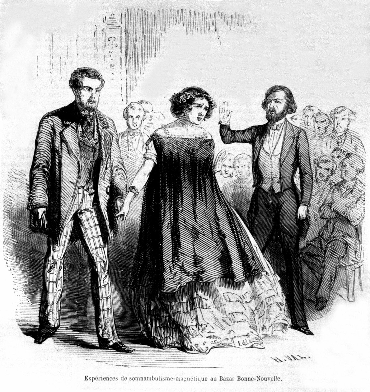 Sömnvandringsupplevelser: magnetism och hypnos vid Bazaar de la Bonne-Nouvelle, gravyr från 1885 av Unknown artist